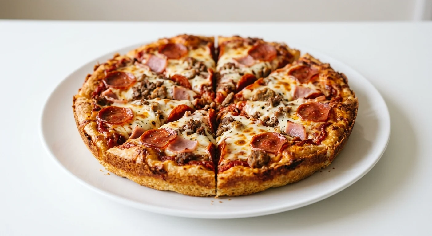 Pizza Hut Meat Feast (Individual Pan, 9-inch), pan pizza in 6 slices, topped with pepperoni, ham, beef, spicy pork and mozzarella, on a white plate, nutrition and calories