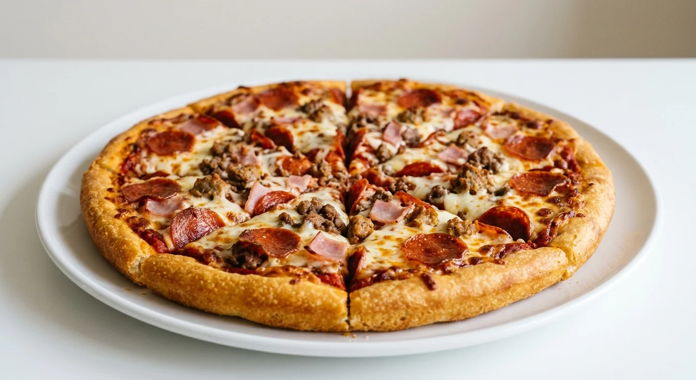Pizza Hut Meat Feast (Sharing Pan, 13-inch), pan pizza in 8 slices, topped with pepperoni, ham, beef, spicy pork and mozzarella, on a white plate, nutrition and calories