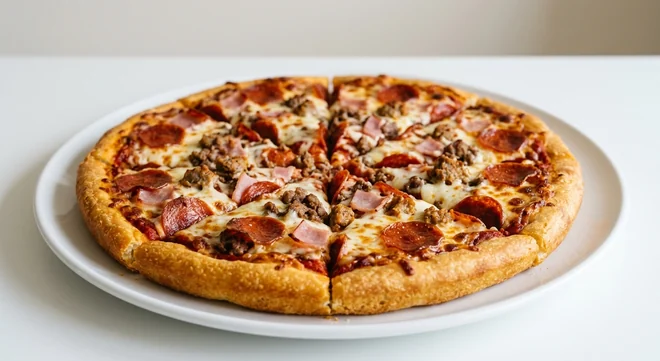 Pizza Hut Meat Feast (Sharing Pan, 13-inch), pan pizza in 8 slices, topped with pepperoni, ham, beef, spicy pork and mozzarella, on a white plate, nutrition and calories