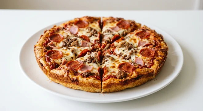 Pizza Hut Meat Feast (Individual Pan, 9-inch), pan pizza in 6 slices, topped with pepperoni, ham, beef, spicy pork and mozzarella, on a white plate, nutrition and calories