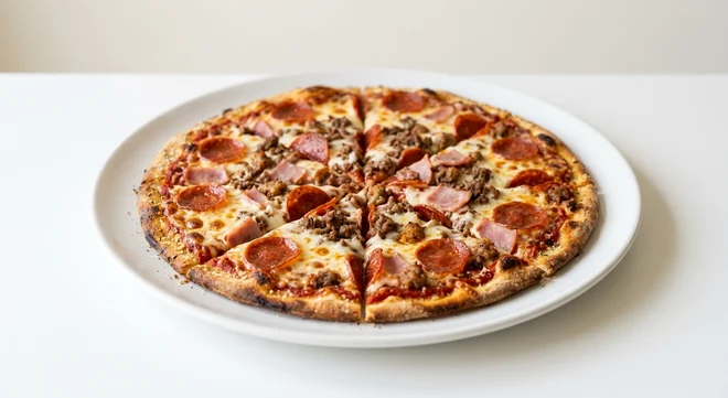 Pizza Hut Meat Feast (Individual Handcrafted, 11-inch), thin crust pizza in 6 slices, topped with pepperoni, ham, beef, spicy pork and mozzarella, on a white plate, nutrition and calories