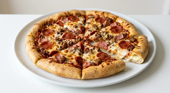Pizza Hut Meat Feast (Sharing Stuffed Crust, 14-inch), stuffed crust pizza in 8 slices with the cheese-filled crust showing, topped with pepperoni, ham, beef, spicy pork and mozzarella, on a white plate, nutrition and calories