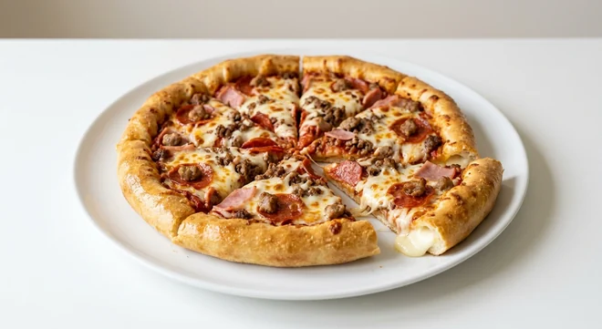 Pizza Hut Meat Feast (Individual Stuffed Crust, 11-inch), stuffed crust pizza in 6 slices with the cheese-filled crust showing, topped with pepperoni, ham, beef, spicy pork and mozzarella, on a white plate, nutrition and calories