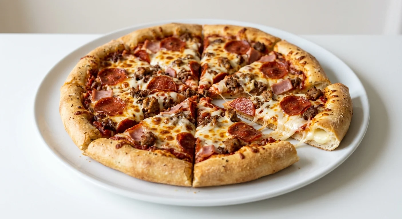 Pizza Hut Meat Feast (Sharing Stuffed Crust, 14-inch), stuffed crust pizza in 8 slices with the cheese-filled crust showing, topped with pepperoni, ham, beef, spicy pork and mozzarella, on a white plate, nutrition and calories