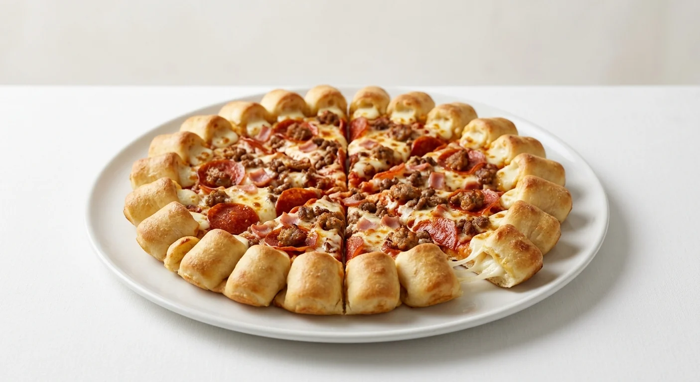 Pizza Hut Meat Feast (Cheesy Bites, 14-inch), Cheesy Bites pizza in 8 slices with a ring of cheese-filled bites, topped with pepperoni, ham, beef, spicy pork and mozzarella, on a white plate, nutrition and calories