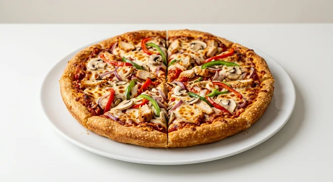 Pizza Hut Chicken Supreme (Sharing Pan, 13-inch), pan pizza in 8 slices, topped with chicken, mushrooms, peppers, red onion and mozzarella, on a white plate, nutrition and calories