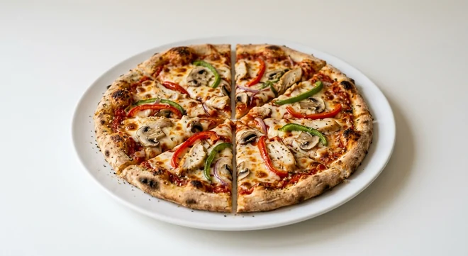 Pizza Hut Chicken Supreme (Individual Handcrafted, 11-inch), thin crust pizza in 6 slices, topped with chicken, mushrooms, peppers, red onion and mozzarella, on a white plate, nutrition and calories