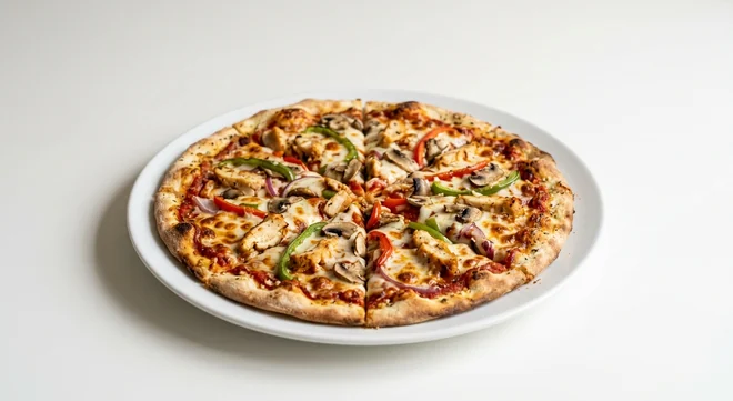 Pizza Hut Chicken Supreme (Sharing Handcrafted, 14-inch), thin crust pizza in 8 slices, topped with chicken, mushrooms, peppers, red onion and mozzarella, on a white plate, nutrition and calories