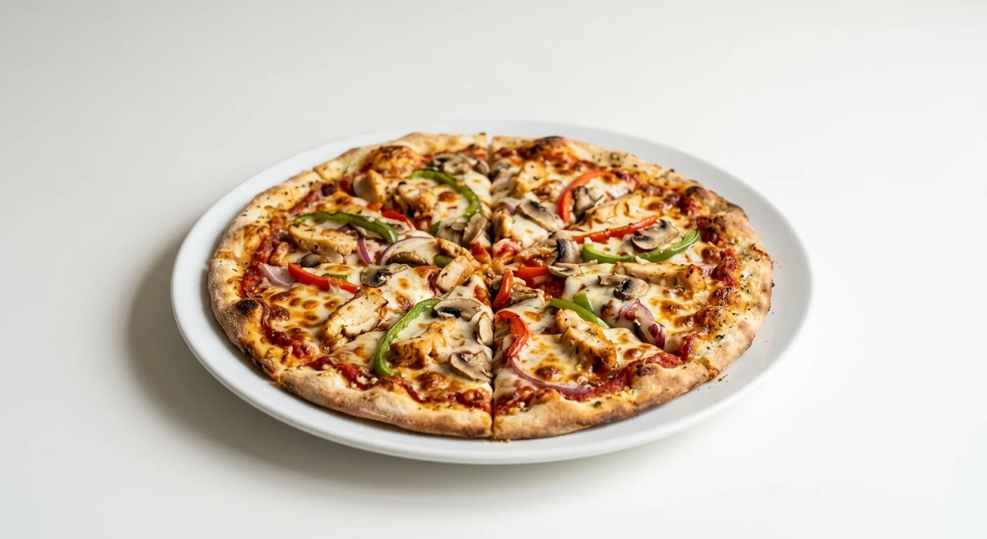 Pizza Hut Chicken Supreme (Sharing Handcrafted, 14-inch), thin crust pizza in 8 slices, topped with chicken, mushrooms, peppers, red onion and mozzarella, on a white plate, nutrition and calories