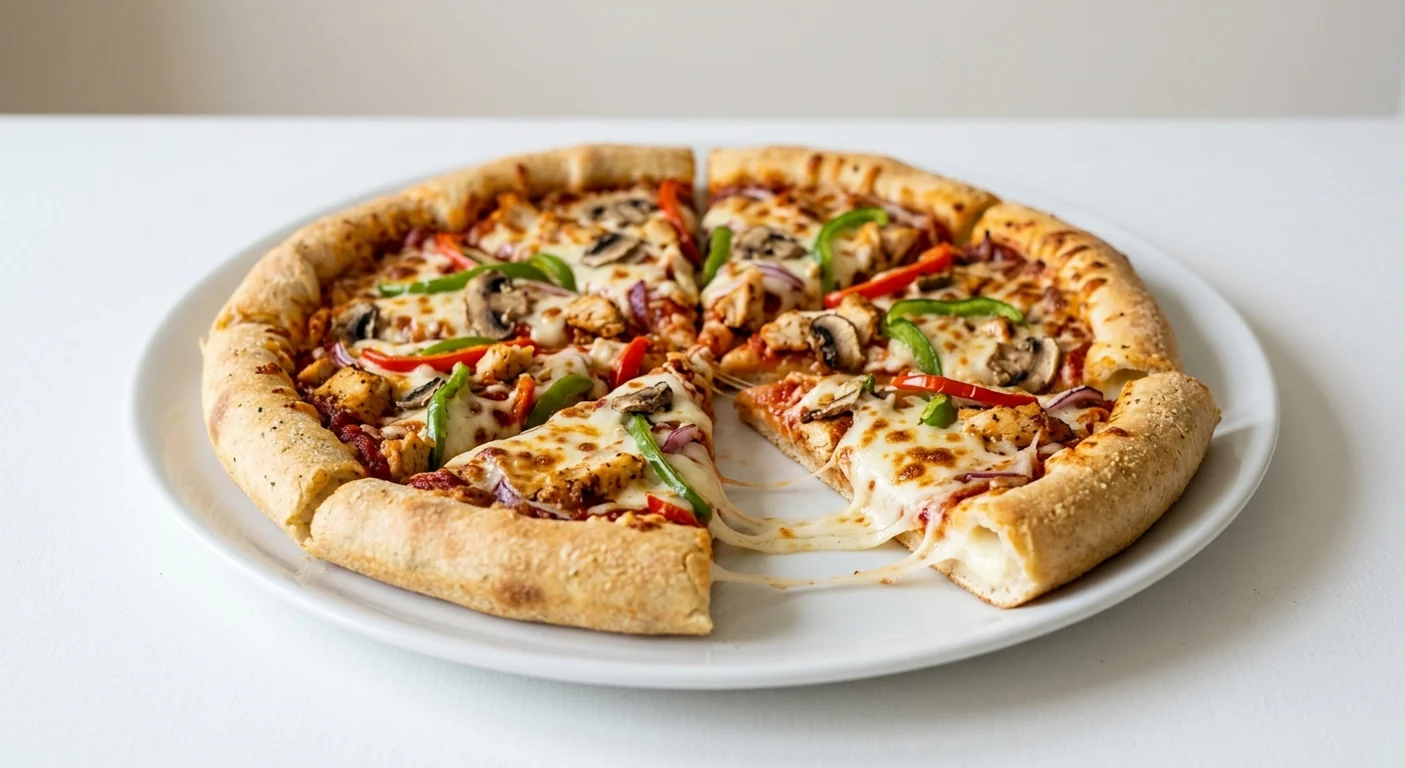 Pizza Hut Chicken Supreme (Sharing Stuffed Crust, 14-inch), stuffed crust pizza in 8 slices with the cheese-filled crust showing, topped with chicken, mushrooms, peppers, red onion and mozzarella, on a white plate, nutrition and calories