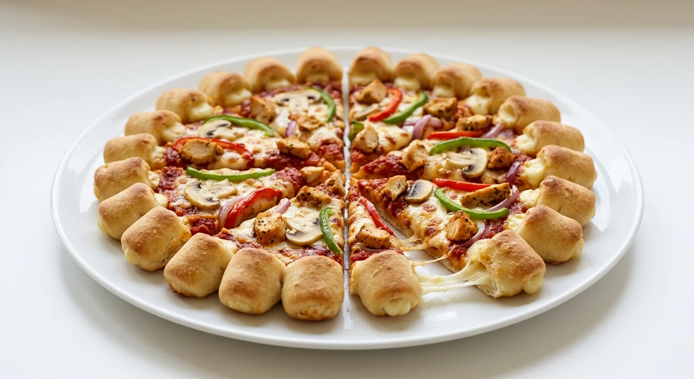 Pizza Hut Chicken Supreme (Cheesy Bites, 14-inch), Cheesy Bites pizza in 8 slices with a ring of cheese-filled bites, topped with chicken, mushrooms, peppers, red onion and mozzarella, on a white plate, nutrition and calories