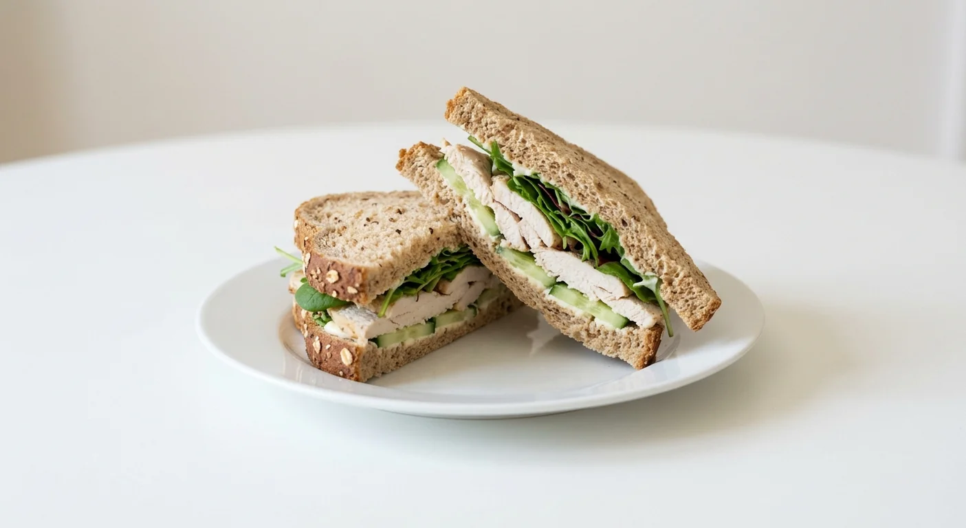 Pret A Manger Chicken Salad, chicken, cucumber and leaf granary sandwich on a white plate, nutrition and calories