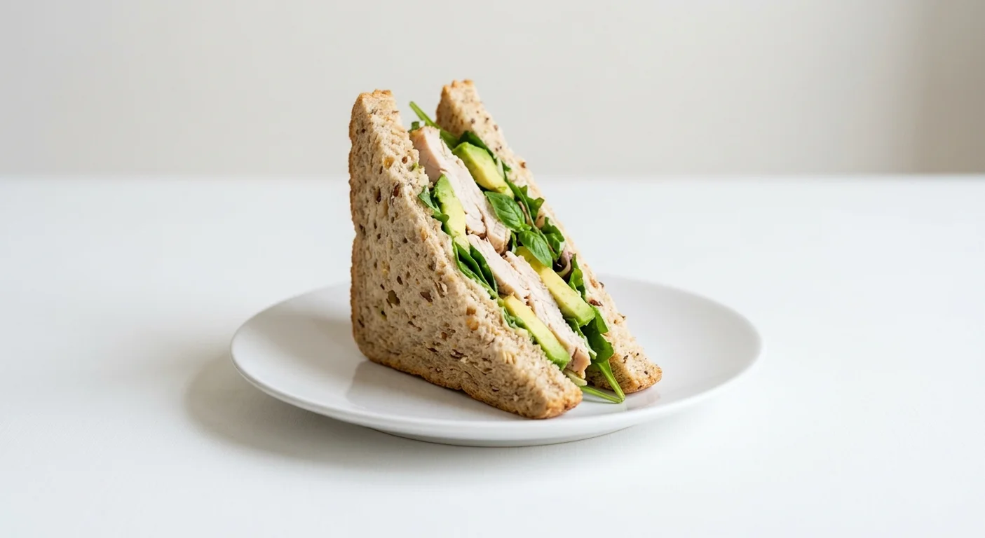 Pret A Manger Chicken, Avocado & Basil Half Sandwich, single chicken, avocado and basil granary triangle on a white plate, nutrition and calories