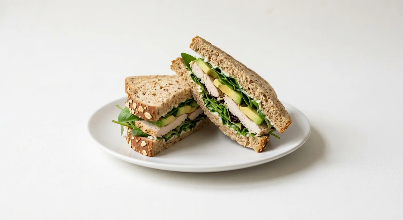 Pret A Manger Chicken, Avocado & Basil, chicken, avocado and basil granary sandwich on a white plate, nutrition and calories