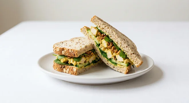 Pret A Manger Coronation Chicken, coronation chicken and spinach granary sandwich on a white plate, nutrition and calories