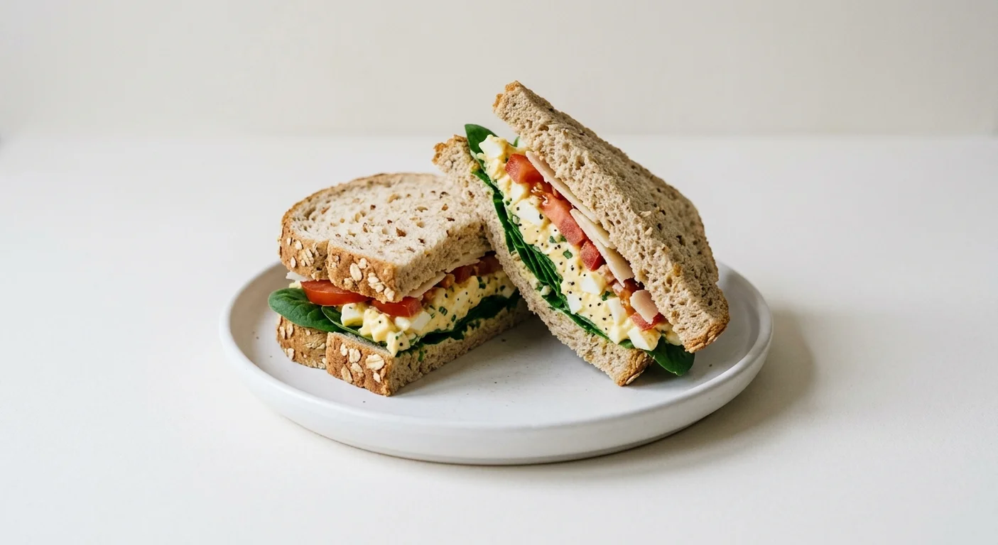 Pret A Manger Egg Florentine, egg mayo, spinach and tomato granary sandwich on a white plate, nutrition and calories