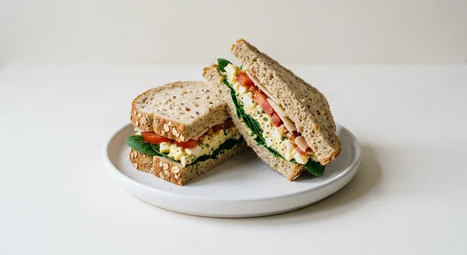 Pret A Manger Egg Florentine, egg mayo, spinach and tomato granary sandwich on a white plate, nutrition and calories