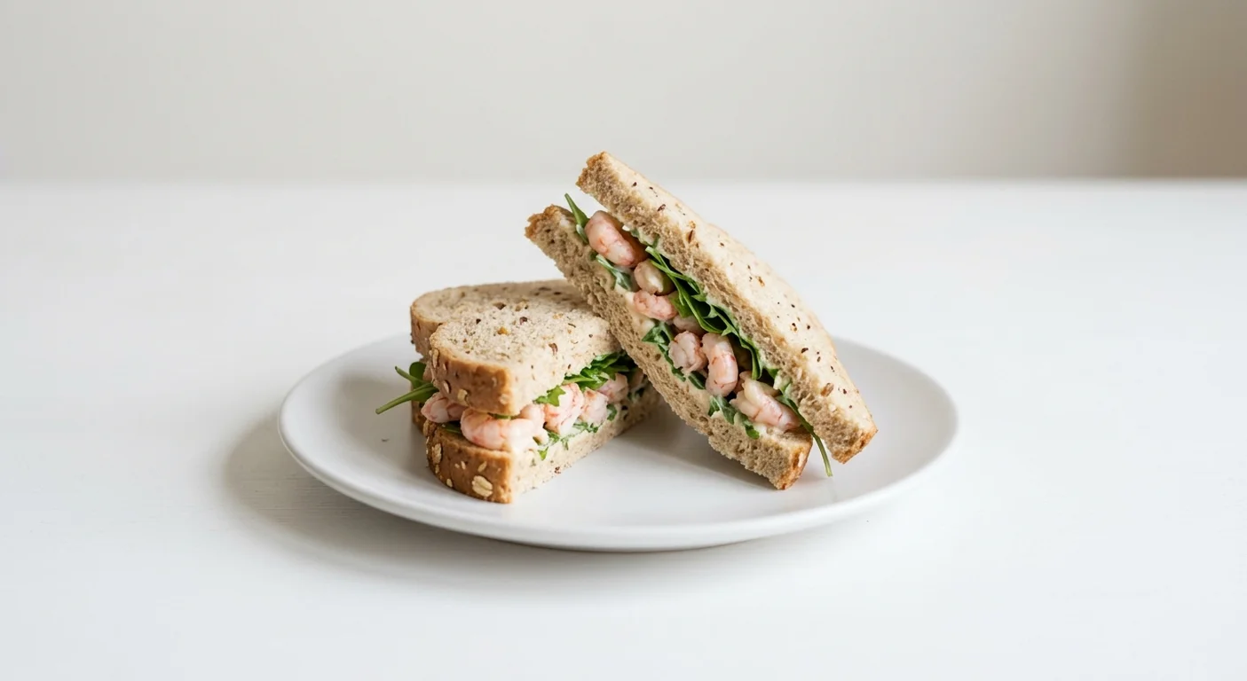 Pret A Manger Crayfish & Rocket, crayfish and rocket granary sandwich on a white plate, nutrition and calories