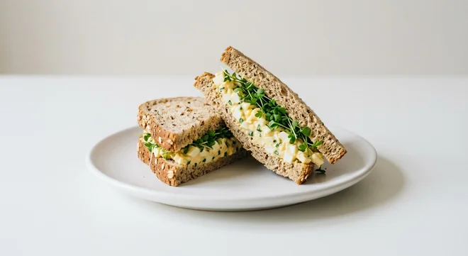 Pret A Manger Free-Range Egg Mayo, egg mayo and cress granary sandwich on a white plate, nutrition and calories