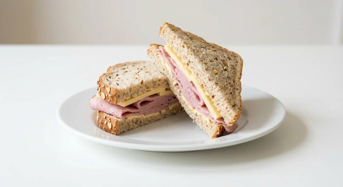 Pret A Manger Ham & Cheese, ham and cheddar granary sandwich on a white plate, nutrition and calories