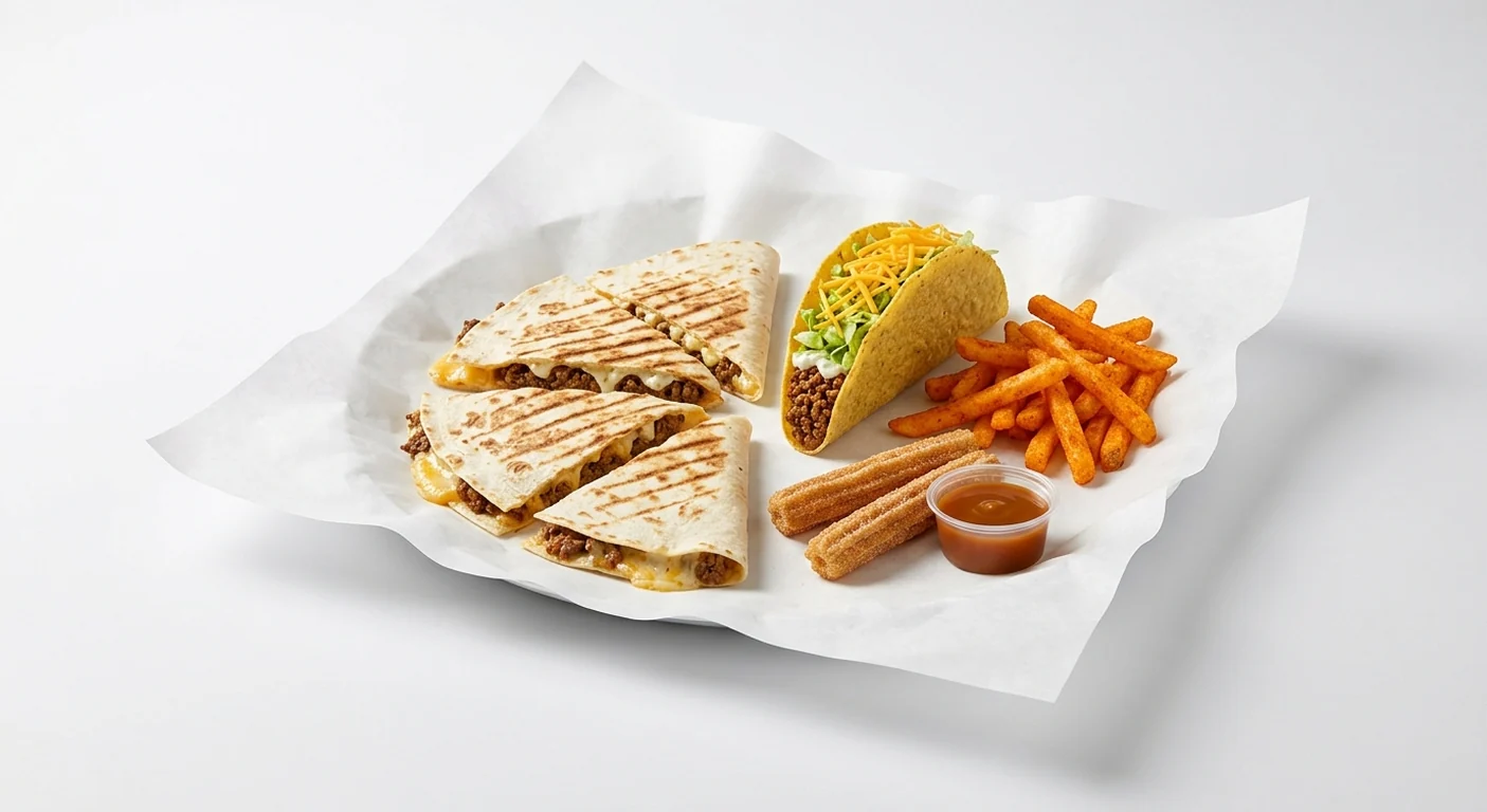 Taco Bell Quesadilla Cravings Box - Beef, beef quesadilla, crunchy beef taco, seasoned fries and churros with caramel dip on white paper, nutrition and calories