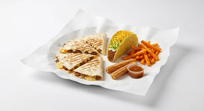 Taco Bell Quesadilla Cravings Box - Beef, beef quesadilla, crunchy beef taco, seasoned fries and churros with caramel dip on white paper, nutrition and calories