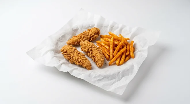 Taco Bell Tender Combo with Fries - 3x Crispy Chicken Tenders (Regular), three crispy chicken tenders and seasoned fries on white paper, nutrition and calories