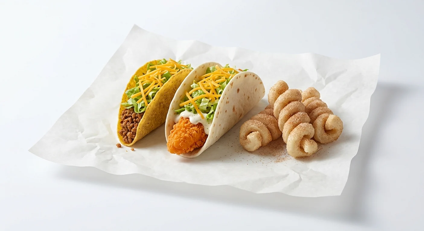 Taco Bell Classic Combo, crunchy beef taco, crispy chicken soft taco and cinnamon twists on white paper, nutrition and calories