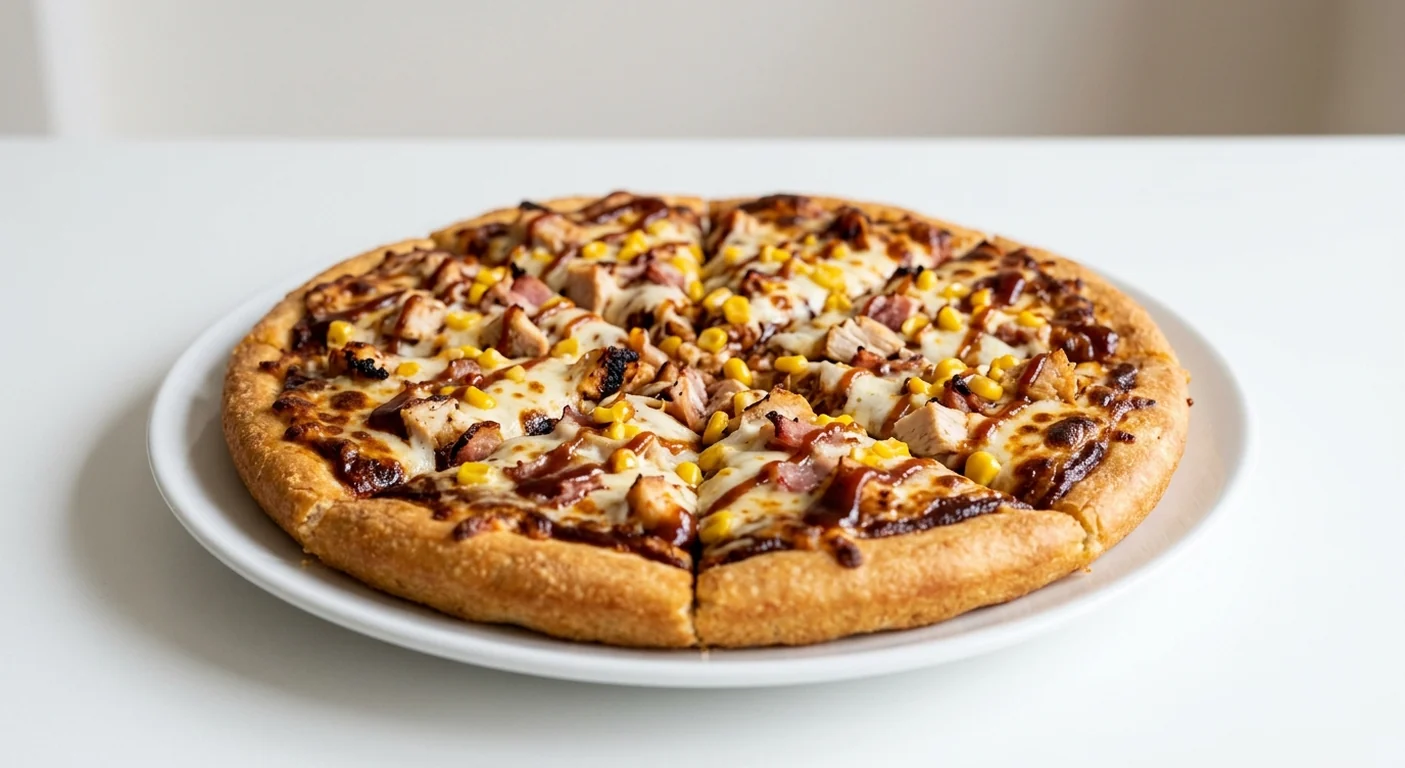 Pizza Hut BBQ Americano (Sharing Pan, 13-inch), pan pizza in 8 slices, topped with a BBQ sauce base, chicken, bacon, sweetcorn and mozzarella, on a white plate, nutrition and calories