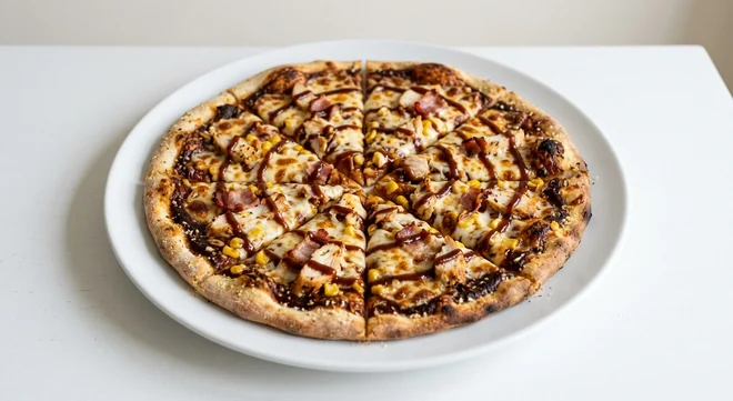 Pizza Hut BBQ Americano (Sharing Handcrafted, 14-inch), thin crust pizza in 8 slices, topped with a BBQ sauce base, chicken, bacon, sweetcorn and mozzarella, on a white plate, nutrition and calories