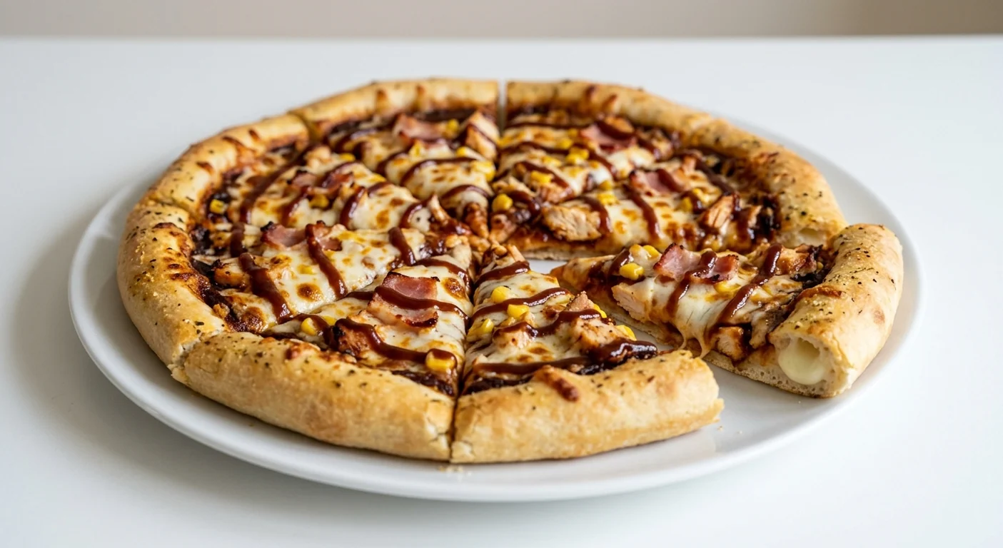 Pizza Hut BBQ Americano (Sharing Stuffed Crust, 14-inch), stuffed crust pizza in 8 slices with the cheese-filled crust showing, topped with a BBQ sauce base, chicken, bacon, sweetcorn and mozzarella, on a white plate, nutrition and calories