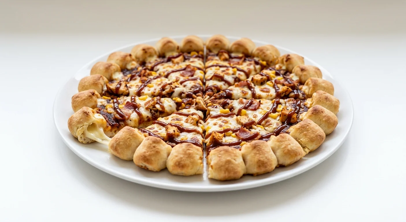 Pizza Hut BBQ Americano (Cheesy Bites, 14-inch), Cheesy Bites pizza in 8 slices with a ring of cheese-filled bites, topped with a BBQ sauce base, chicken, bacon, sweetcorn and mozzarella, on a white plate, nutrition and calories