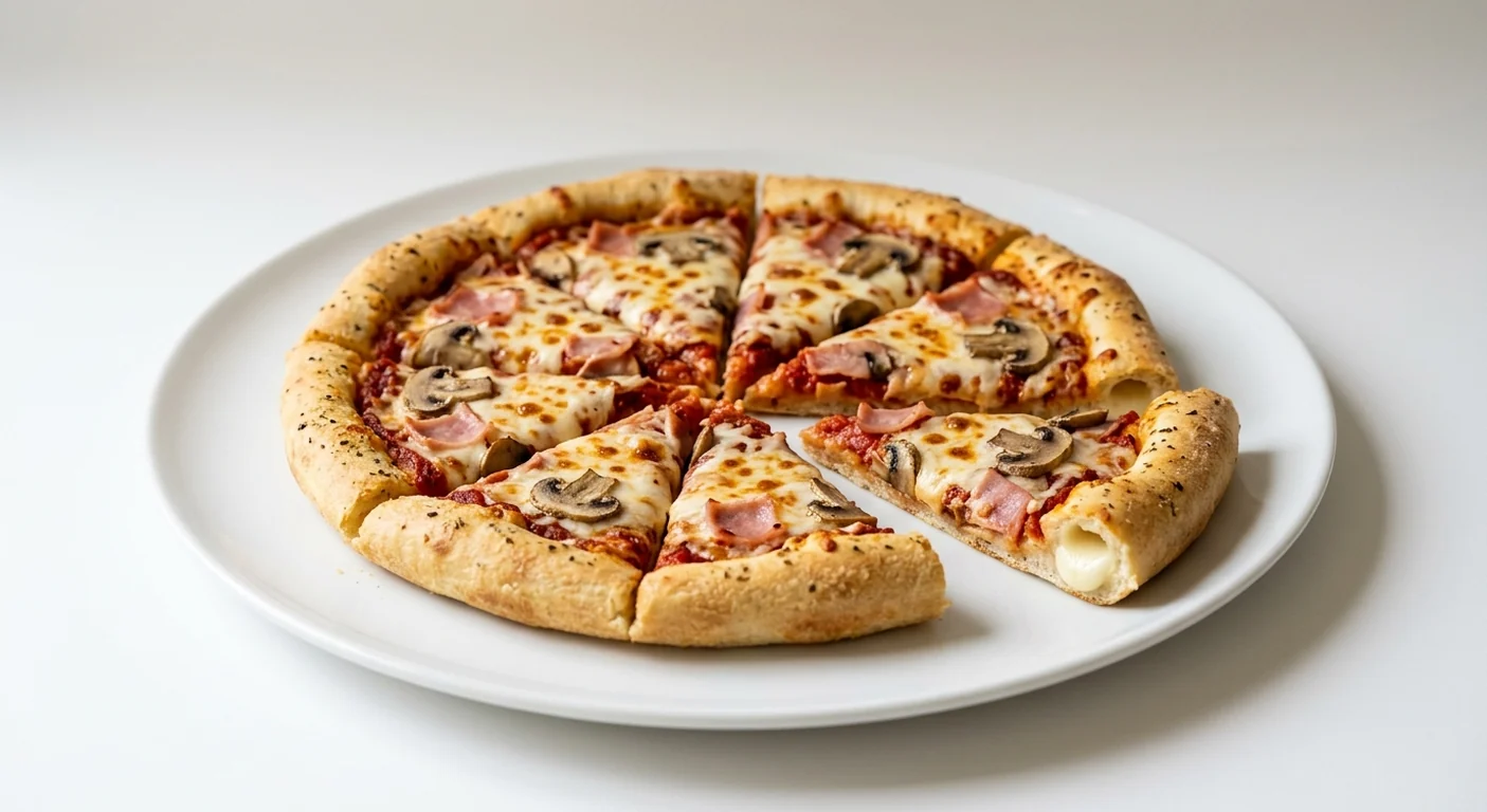 Pizza Hut Farmhouse (Sharing Stuffed Crust, 14-inch), stuffed crust pizza in 8 slices with the cheese-filled crust showing, topped with ham, mushrooms and mozzarella, on a white plate, nutrition and calories