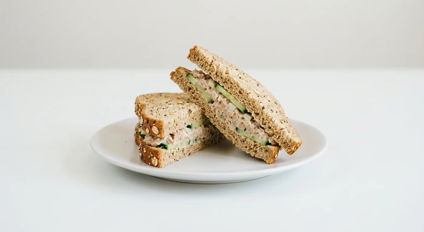 Pret A Manger Tuna and Cucumber on Malted Bread, tuna mayo and cucumber granary sandwich on a white plate, nutrition and calories