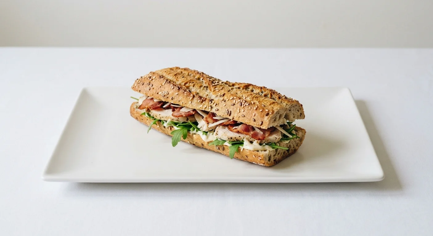 Pret A Manger Chicken Caesar & Bacon Half Baguette, chicken Caesar and bacon half baguette on a white plate, nutrition and calories