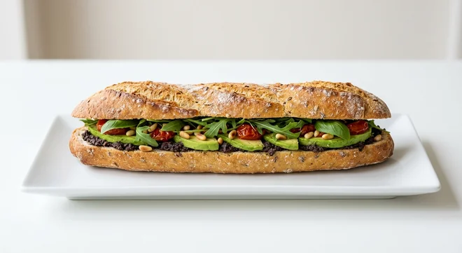 Pret A Manger Avo, Olive & Toms Baguette, avocado, tapenade and roasted tomato baguette on a white plate, nutrition and calories