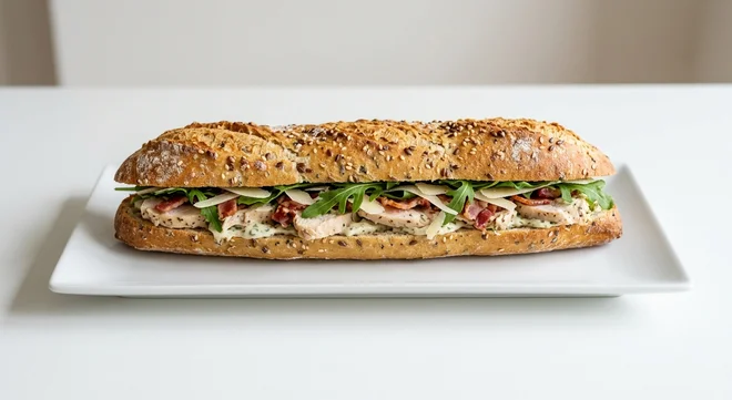 Pret A Manger Chicken Caesar Bacon Baguette, chicken Caesar and bacon baguette on a white plate, nutrition and calories