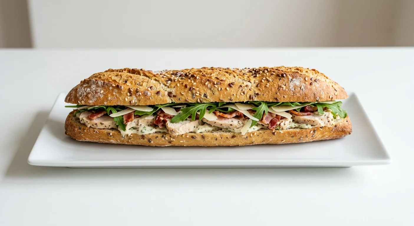 Pret A Manger Chicken Caesar Bacon Baguette, chicken Caesar and bacon baguette on a white plate, nutrition and calories