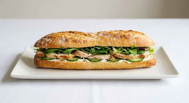 Pret A Manger Chicken Salad Baguette, chicken, cucumber and leaf baguette on a white plate, nutrition and calories