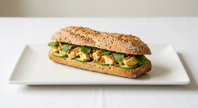 Pret A Manger Coronation Chicken Half Baguette, coronation chicken half baguette on a white plate, nutrition and calories