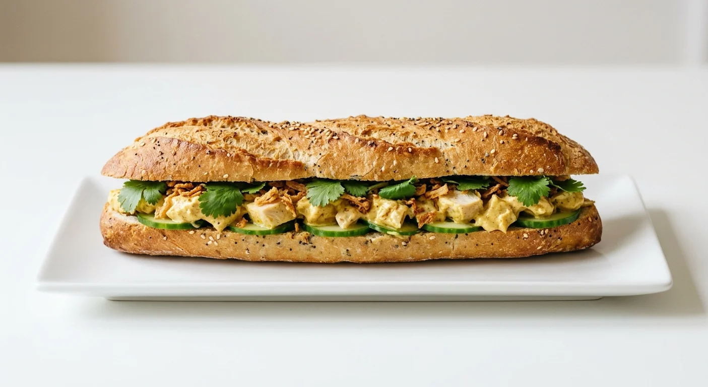 Pret A Manger Coronation Chicken Baguette, coronation chicken baguette on a white plate, nutrition and calories