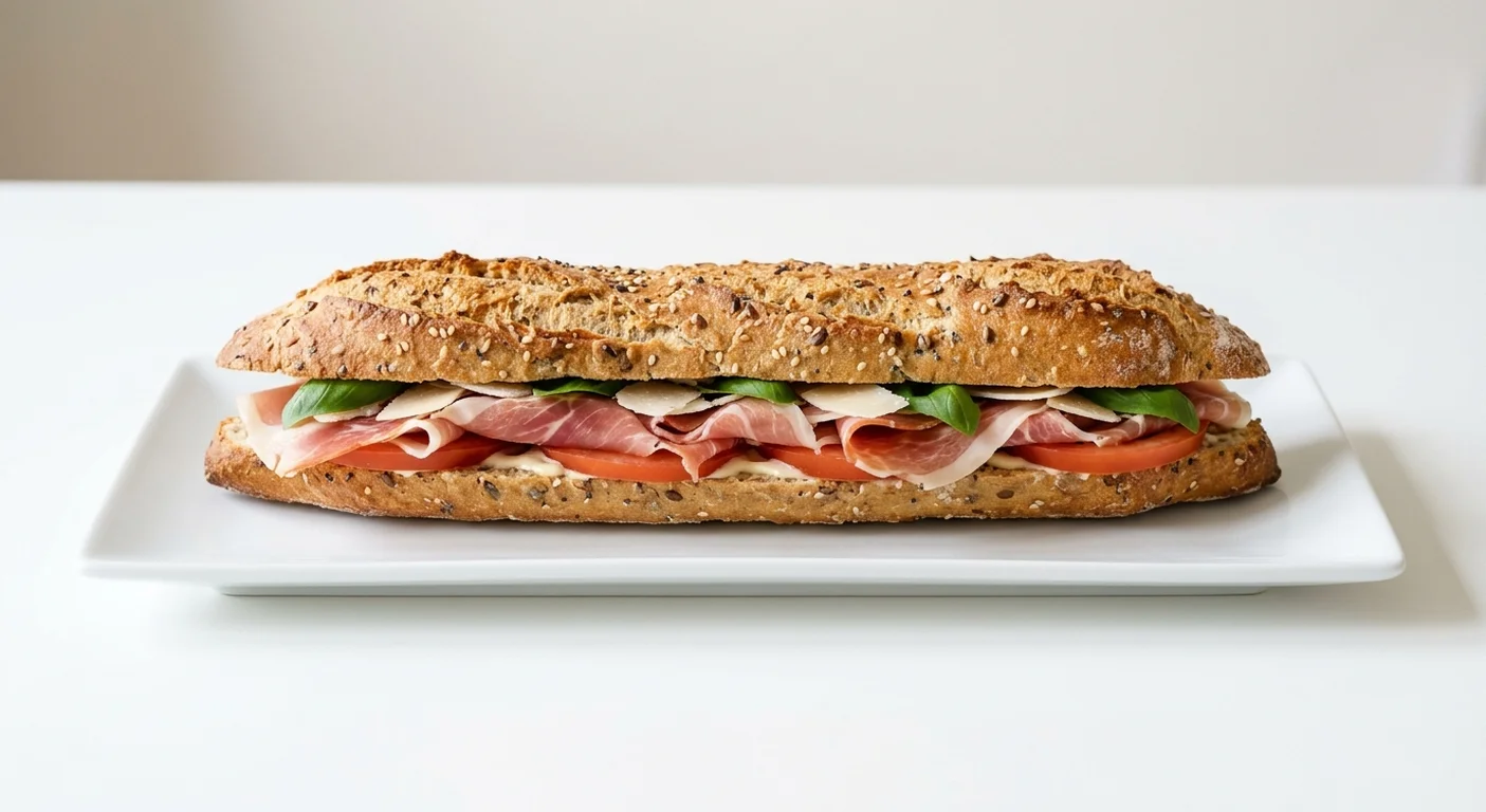 Pret A Manger Italian Prosciutto Baguette, prosciutto, tomato and basil baguette on a white plate, nutrition and calories