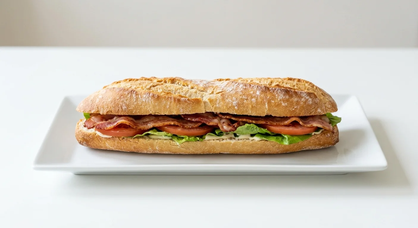 Pret A Manger BLT, bacon, lettuce and tomato baguette on a white plate, nutrition and calories