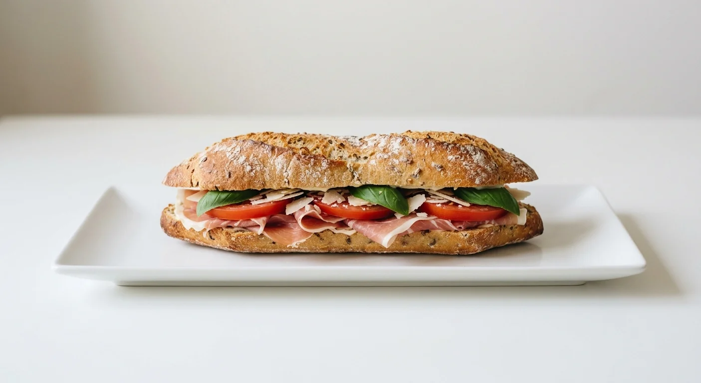 Pret A Manger Italian Prosciutto Half Baguette, prosciutto, tomato and basil half baguette on a white plate, nutrition and calories