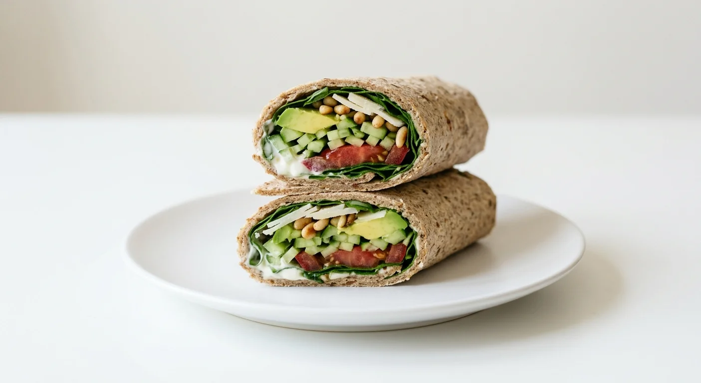 Pret A Manger Avo & Herb Wrap, avocado, tomato and spinach wrap cut in half on a white plate, nutrition and calories