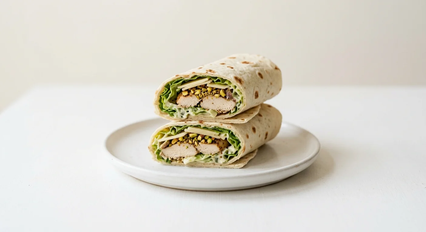 Pret A Manger Chicken Caesar & Roasted Pistachio Lebanese Style Flatbread, chicken Caesar and pistachio flatbread cut in half on a white plate, nutrition and calories