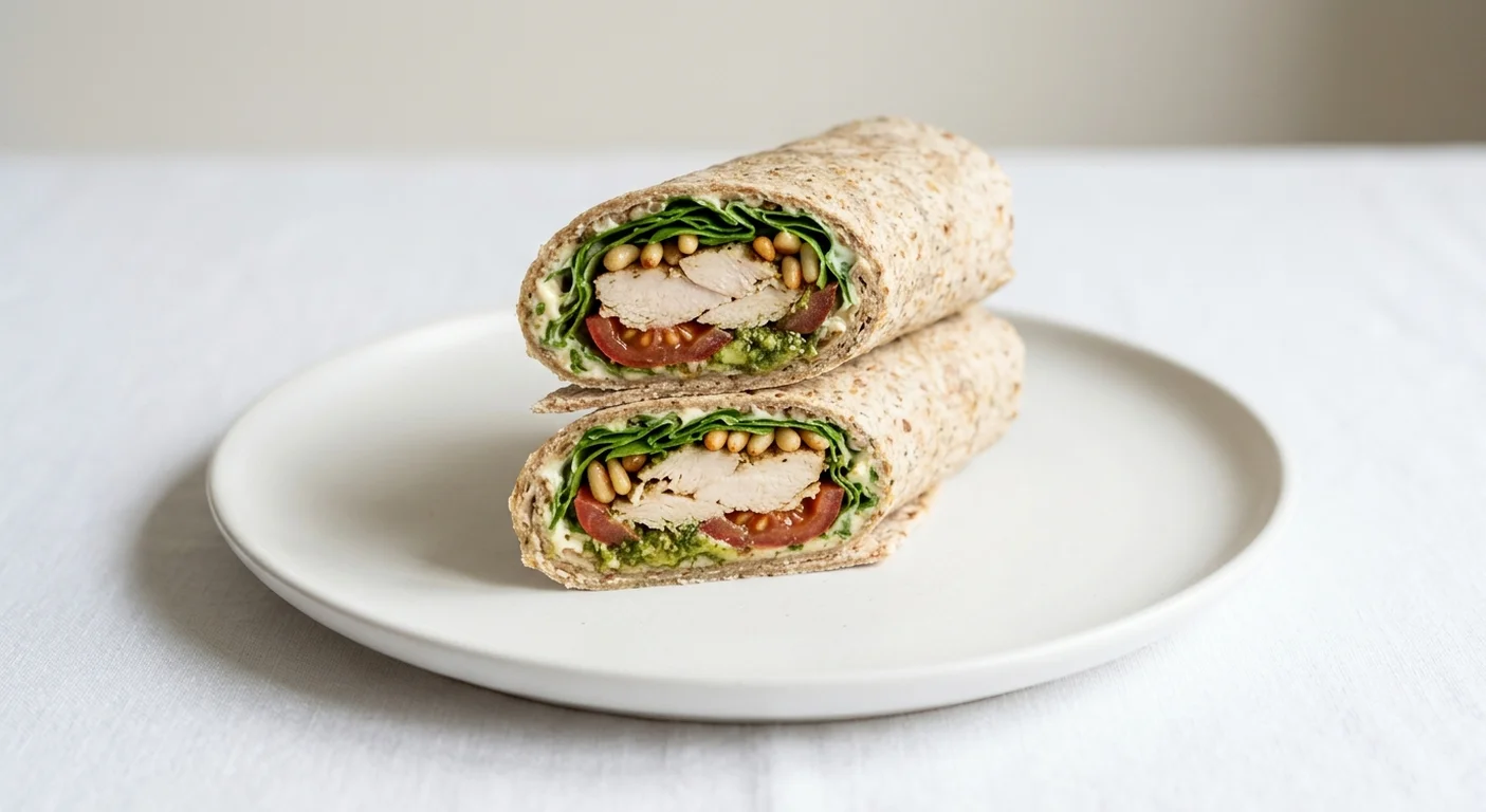 Pret A Manger Chicken Pesto & Rocket Wrap, chicken, pesto and rocket wrap cut in half on a white plate, nutrition and calories