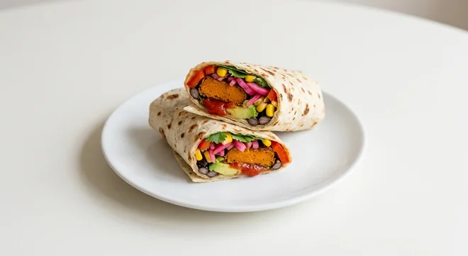 Pret A Manger Falafel, Avo & Chipotle Flatbread, falafel, avocado and black bean flatbread cut in half on a white plate, nutrition and calories