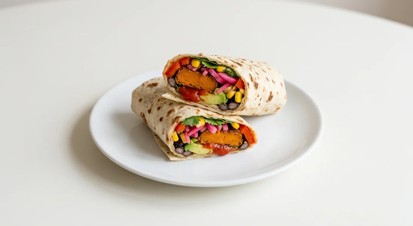 Pret A Manger Falafel, Avo & Chipotle Flatbread, falafel, avocado and black bean flatbread cut in half on a white plate, nutrition and calories