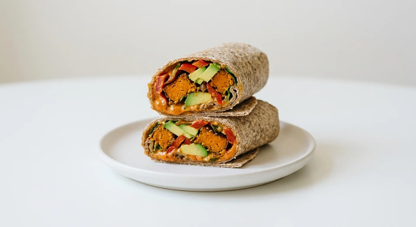 Pret A Manger Falafel, Avocado & Chipotle Wrap, falafel and avocado wrap cut in half on a white plate, nutrition and calories